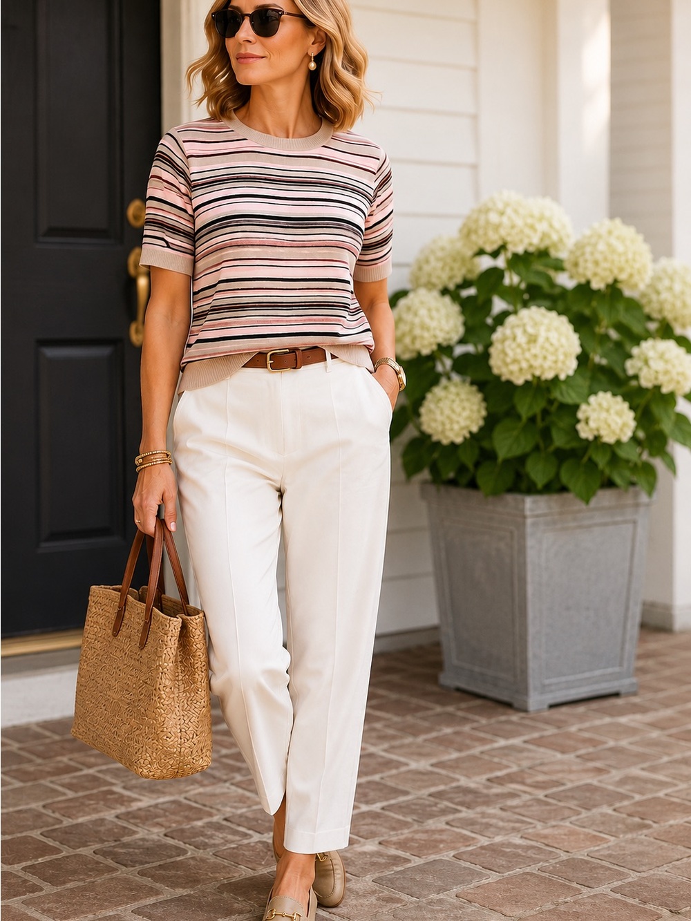 Alfred Dunner Striped Knit Sweater Pink Beige Short Sleeve Pullover Women's